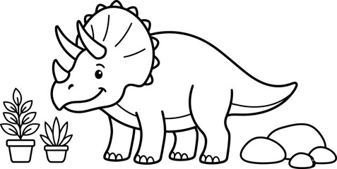 Cute triceratops dinosaur cartoon line art illustration for children coloring book page with plants and stones © Jannatul