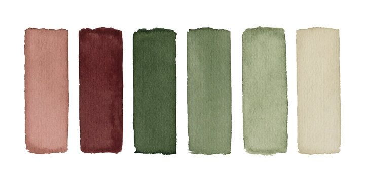 Vector row of six watercolor swatches in earthy tones isolated on transparent background