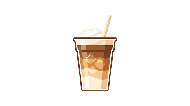 Vector illustration of a refreshing iced coffee in a plastic cup with a straw, layered with milk, espresso, ice cubes, and topped with whipped cream