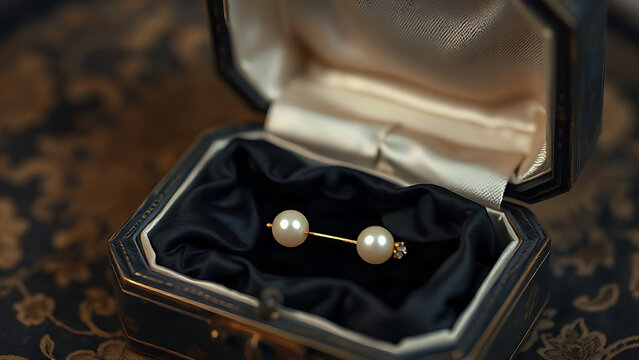 Pearl brooch resting on dark silk lining inside an antique jewelry box.