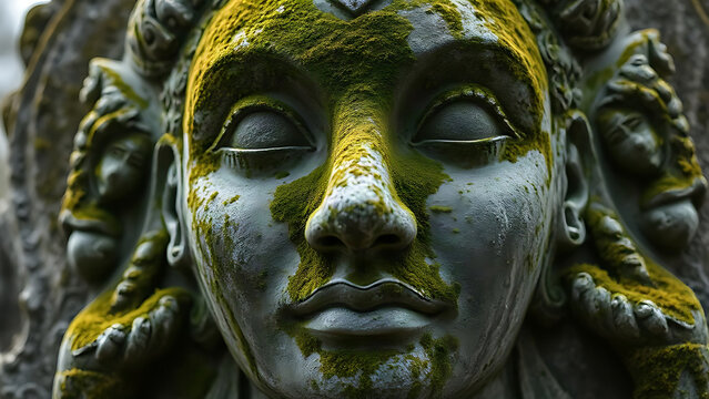 An ancient stone statue face covered in green moss, weathered surface.