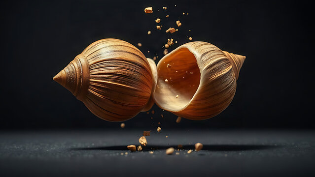 Two wooden shells colliding with wood dust suspended in the air.