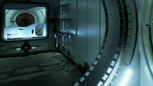 The scene shows a space module interior with sleek surfaces and soft lights. The focus is on the layout and equipment inside as it prepares for activities in outer space.