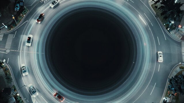 Cars swirl in a circular motion around a dark, hypnotic center at night.