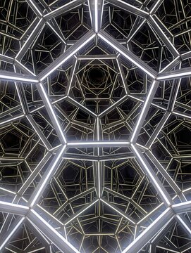 Optical illusion display made of light bars and mirrors