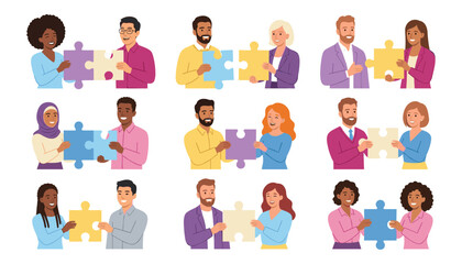 Fototapeta premium Diverse business people and couples connecting puzzle pieces set representing teamwork collaboration partnership problem solving and successful unity vector flat illustration