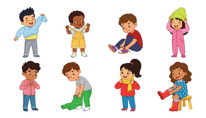 Fototapeta premium Diverse Cute Children Getting Dressed Vector Illustration Set with Happy Kids Putting on Clothes Shoes and Winter Hats Independently