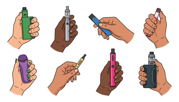 Diverse hands holding various types of e-cigarettes mod boxes vapes vape pens and pod systems for electronic smoking habits vector icon element set.