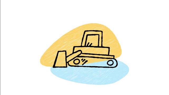 An animated hand-drawn heavy crawler bulldozer with a front blade pusher. Perfect for heavy earthmoving, demolition sites, road construction, and industrial machinery. 