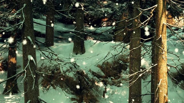 Snow falls softly in a forest with tall trees during winter. The ground is covered in a thick layer of snow. Dark tree trunks stand out against the white landscape.