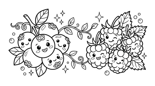 Cute cartoon blueberries and raspberries coloring page for children with happy faces and sparkling stars line art
