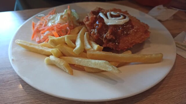 A delicious serving of chicken cordon bleu accompanied by crispy French fries, offering a classic combination of tender chicken, melted cheese, savory filling, and golden fried potatoes in an appetizi