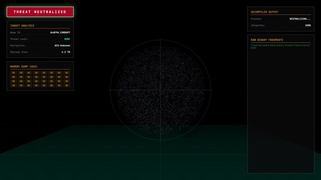 Digital Forensics Malware Alert: A futuristic digital animation displaying a cybersecurity heads-up display with a flashing red malware detected warning, memory hex dumps, and decompiler analysis data