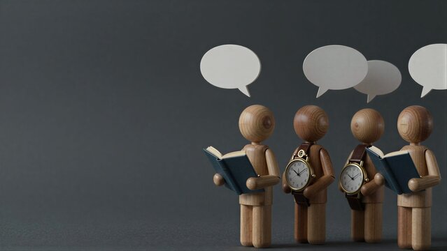 Wooden figures discuss ideas, clocks symbolize time, books represent knowledge.