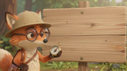 Naklejka premium A curious fox explorer with glasses and a compass stands beside a blank wooden sign.