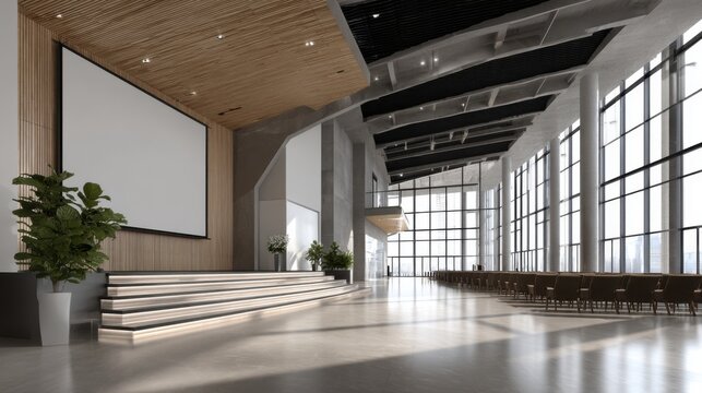 Modern conference hall interior with large windows and stage design