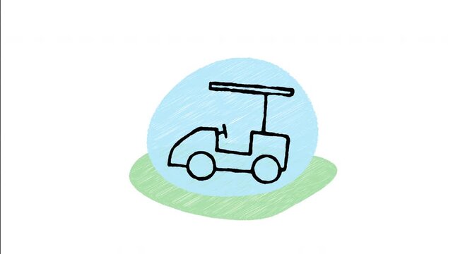 An animated hand-drawn electric golf cart buggy for greens and resort transport. Perfect for golf club grounds, resort shuttle services, eco mobility, and low-speed vehicles. 