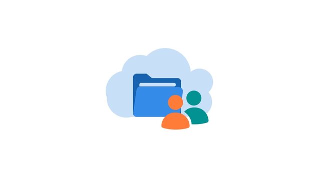 Shared cloud storage folder with user avatars representing team data access in a motion graphic