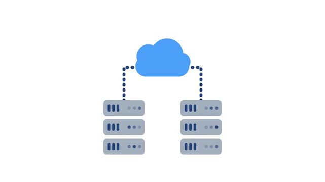 Blue cloud storage icon connecting to server racks in a minimalist motion graphic animation
