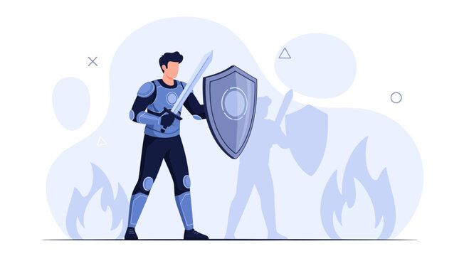 Brave Knight in Armor with Sword and Shield, Facing Challenges Represented by Flames and Abstract Shapes