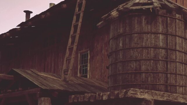 A wooden barn stands with a damaged roof. A wooden ladder leans against it. A round wooden structure is nearby. The scene is quiet and shows signs of age.
