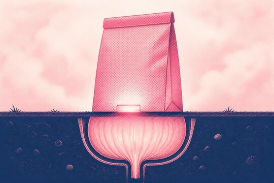 Pink Paper Bag with Glowing Onion Bulb in Soil