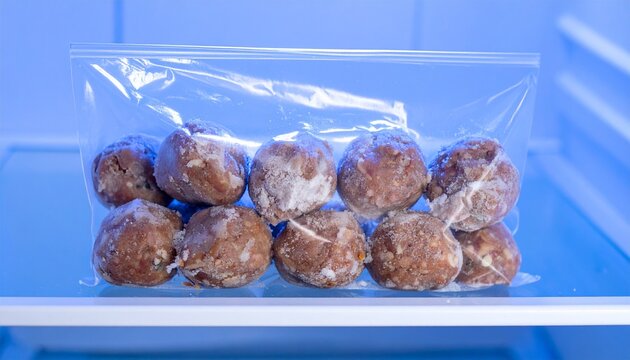 Frosty frozen meat balls neatly arranged in transparent plastic bag