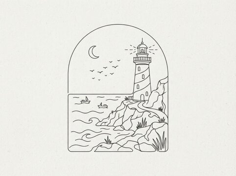 Monochrome line art illustration of a lighthouse on rocky shore by the sea at night with moon
