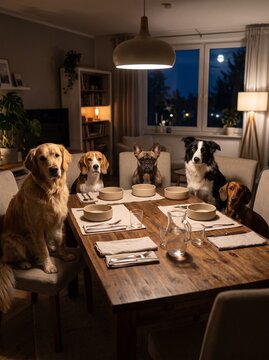 Five dogs sit at dinner table ready to eat meal.