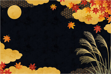 Naklejka premium Elegant Japanese autumn background with moon, pampas grass, maple leaves and golden clouds