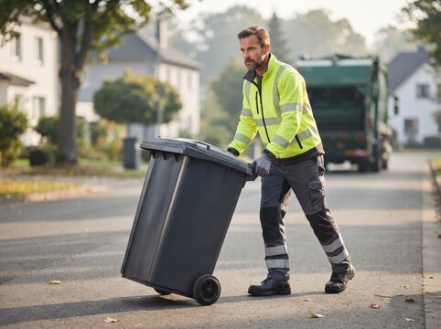 Sanitation Worker Moving Garbage Bin