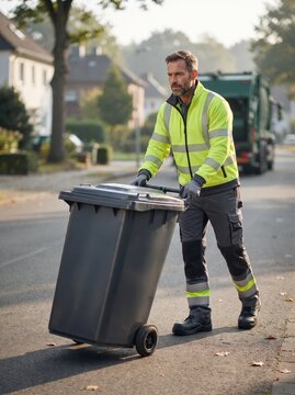 Sanitation Worker Moving Garbage Bin