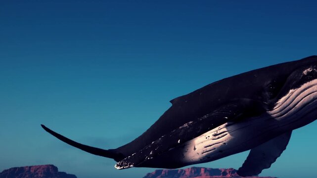 A humpback whale swims gracefully beneath a clear blue sky. The rocky coastline is visible in the background, adding to the natural scenery. The scene captures the beauty of ocean life.