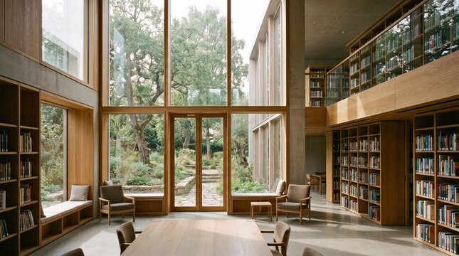 Modern spacious wooden library interior with large glass windows overlooking green garden