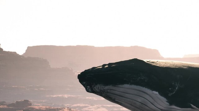 A whale swims close to the rocky cliffs as the sun sets. The landscape shows a mix of water and land. The light creates a soft glow on the scene.