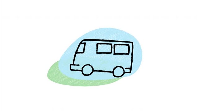 An animated hand-drawn passenger van minibus for group tours and shuttles. Perfect for public transit, hotel shuttle services, travel agency transport, and family road trips. 