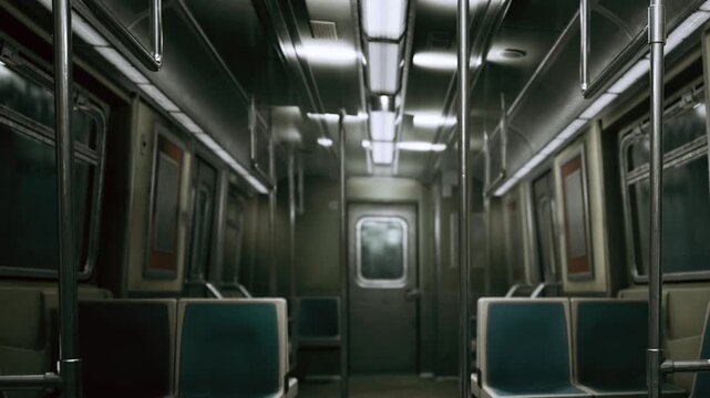 A subway train stands empty at night. The seats are unoccupied, and the lights are on. The metal poles and walls reflect the overhead lights. There are no passengers present.