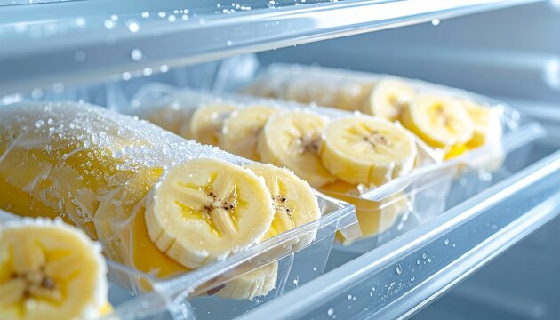 Sliced Frozen Bananas with Ice Crystals in Freezer Drawer