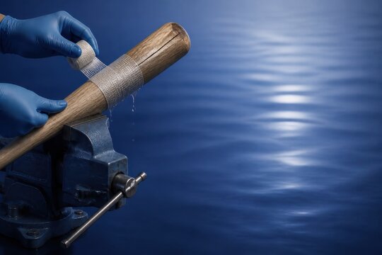 Wrapped Bat Handle in Vise With Grip Tape and Blue Background