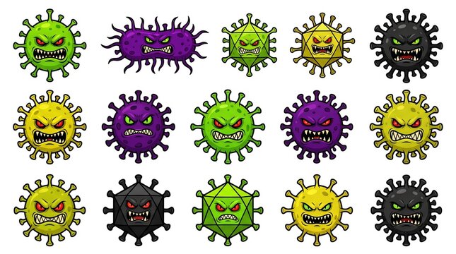 Vibrant collection of cartoon-style virus characters depicting various menacing pathogens, perfect for illustrating health risks, biological threats, or educational content in an engaging way
