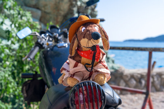 A brown plush toy dog in an orange cowboy hat and red bandana sits on a motorbike beside a seaside railing, a whimsical mascot for coastal road escapes.