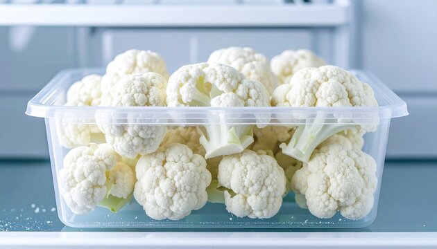 Frozen broccoli florets with frost crystals inside freezer compartment