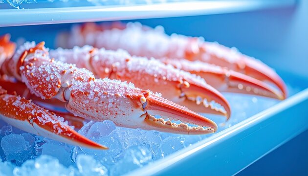 Fresh Frozen King Crab Legs with Frost in Freezer Storage