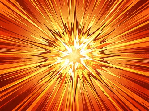 Abstract comic book style explosion background with bright yellow and orange light rays.