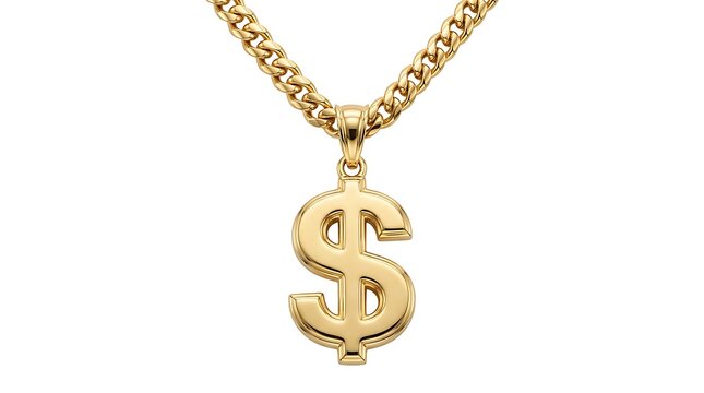 Shiny gold dollar sign pendant on a matching gold curb chain necklace.
