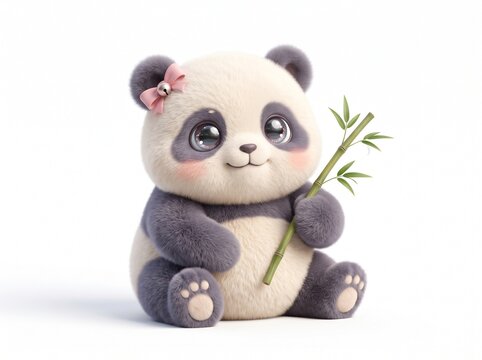 Adorable baby panda illustration with a pink bow holding a bamboo branch, cute cartoon animal character on isolated white background
