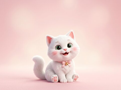 Adorable fluffy white kitten with big green eyes and a pink bow around its neck sitting on a soft pink background