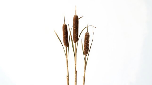 Three dried cattail reeds isolated on a white background.