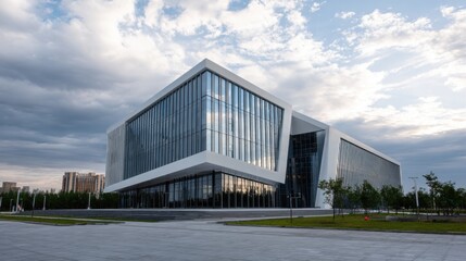 Fototapeta premium Modern Architectural Building with Glass Facade and Cloudy Sky