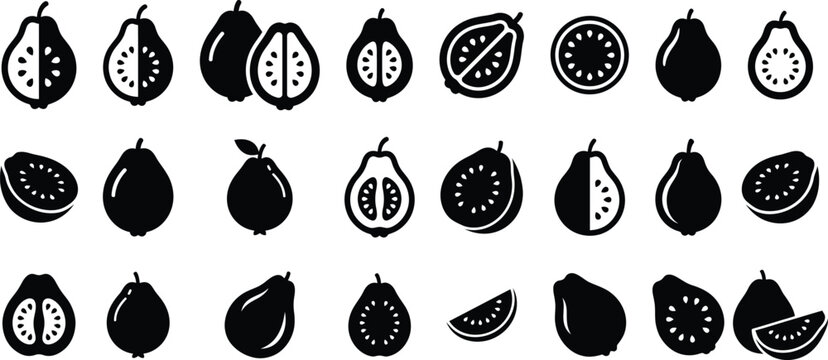 Collection of guava fruits vector icons in black and white style